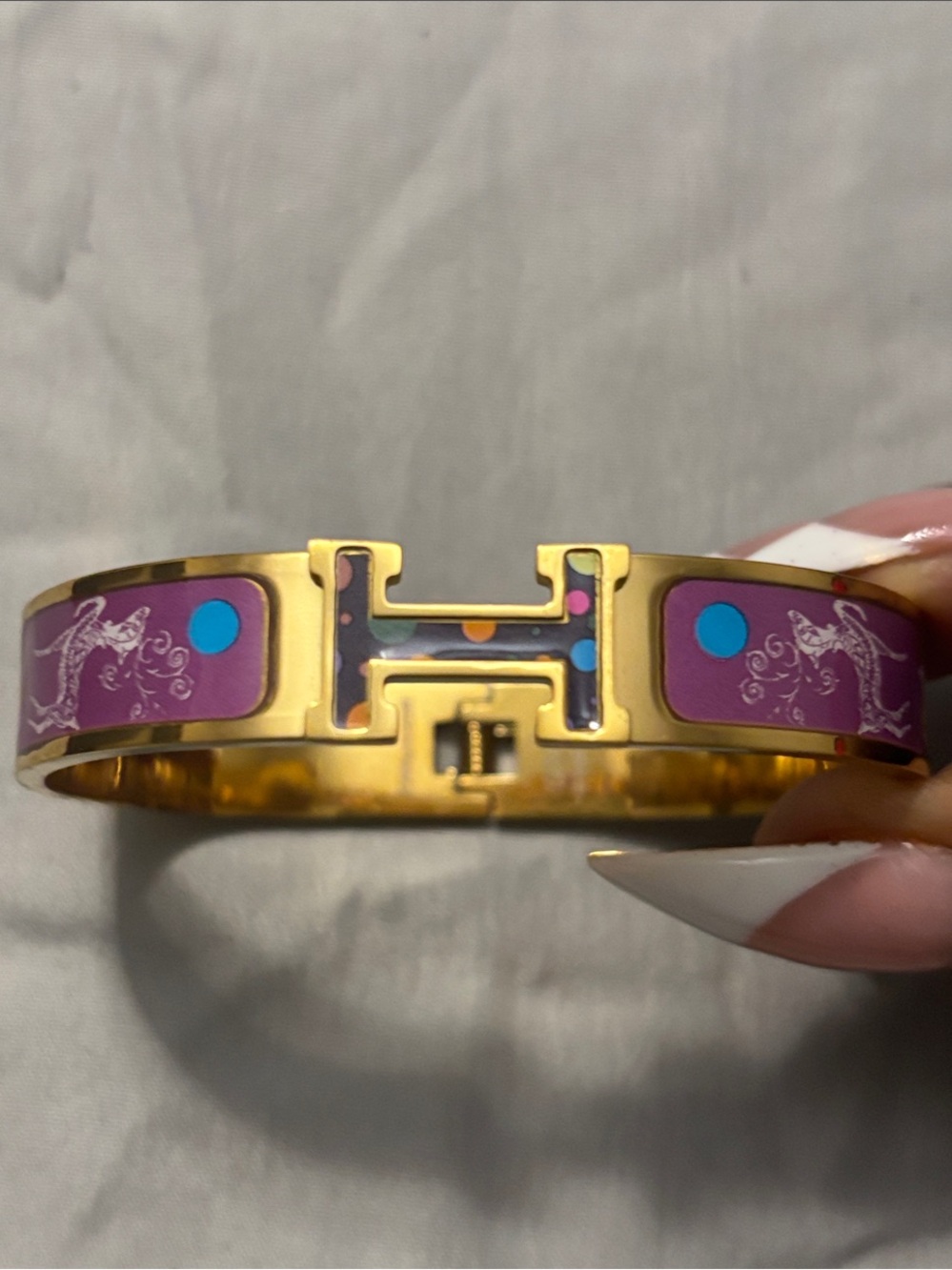Hermes Gold H Logo Enamel Bangle Bracelet in Purple and Turquoise